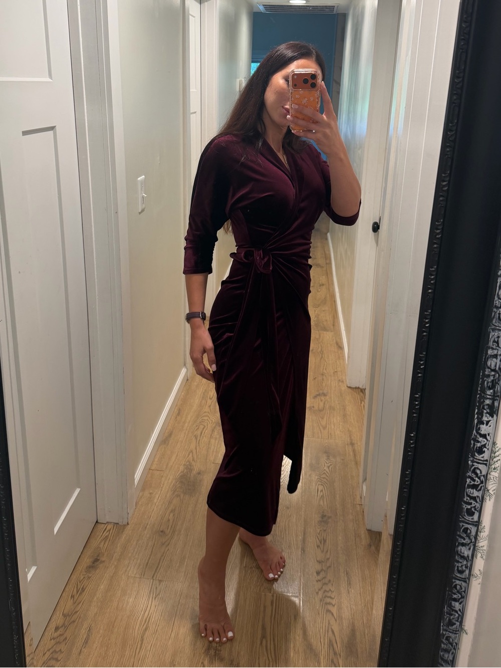 ASOS Velvet Wrap Midi Dress in Burgundy